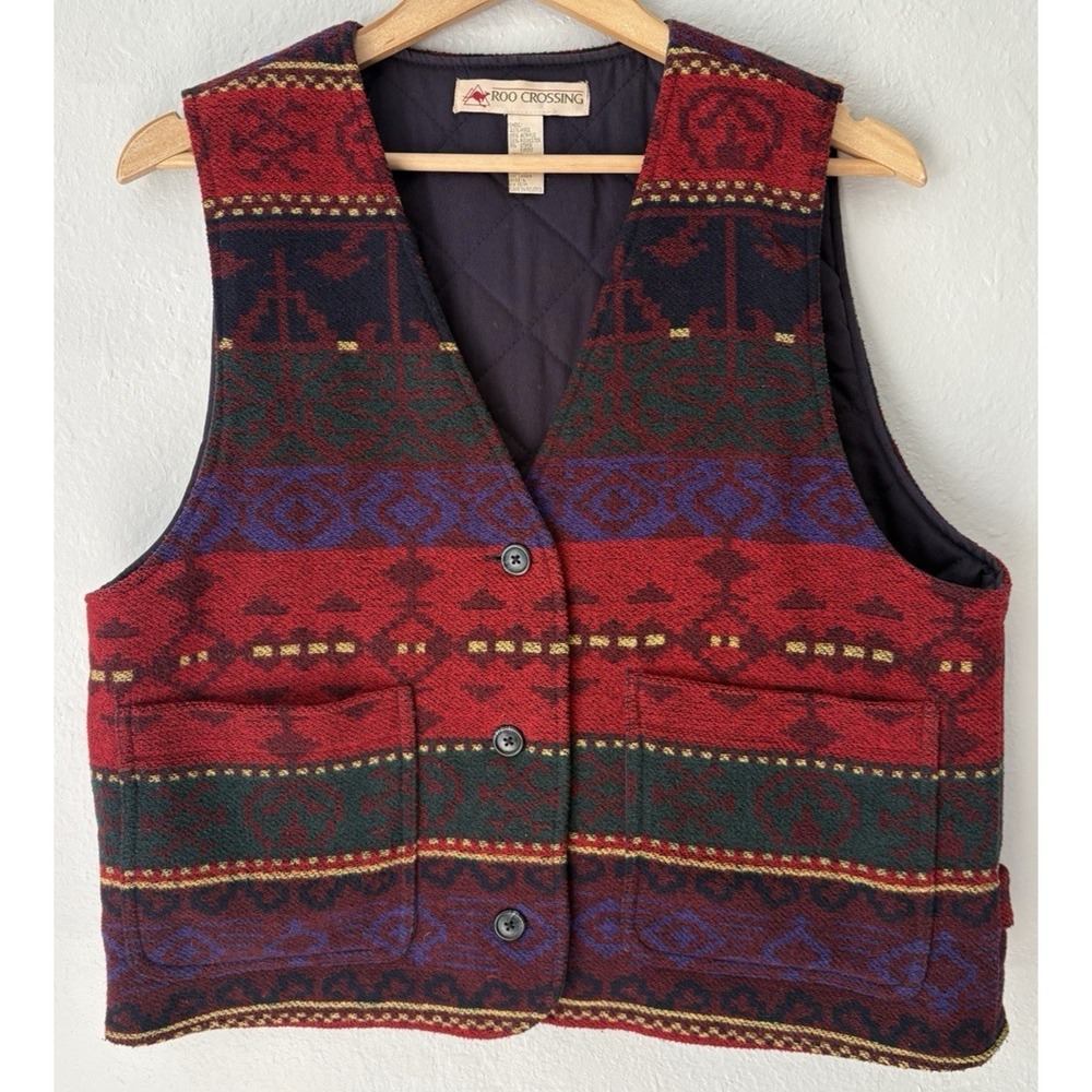 Vtg Roo Crossing Womens Southwestern Wool Blend Tapestry Vest L Western Cozy